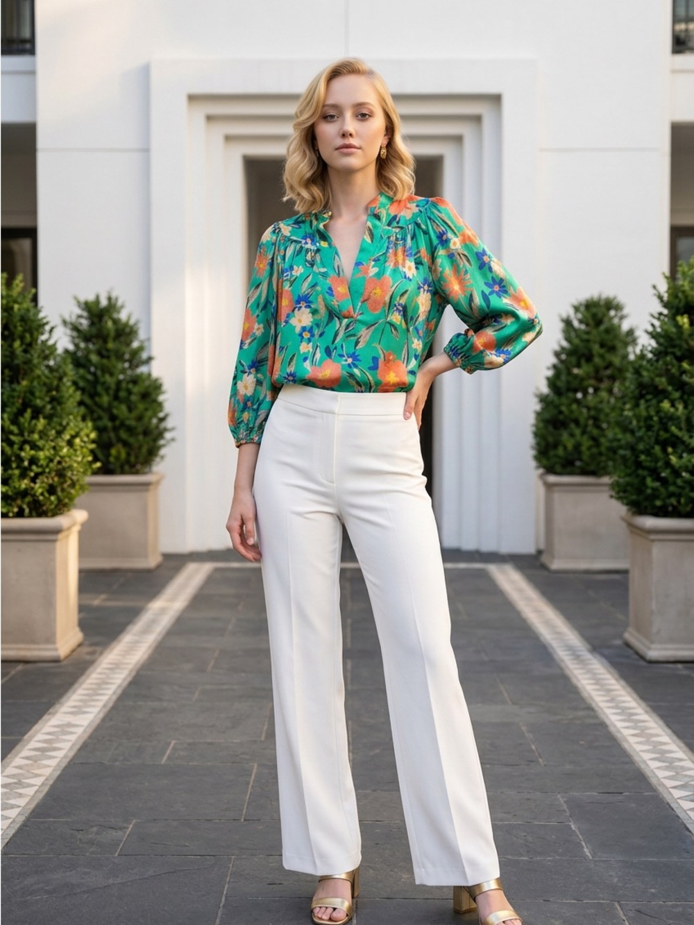 NWT Corey Lynn Calter Corinne Green Floral Collared V-Neck Blouse